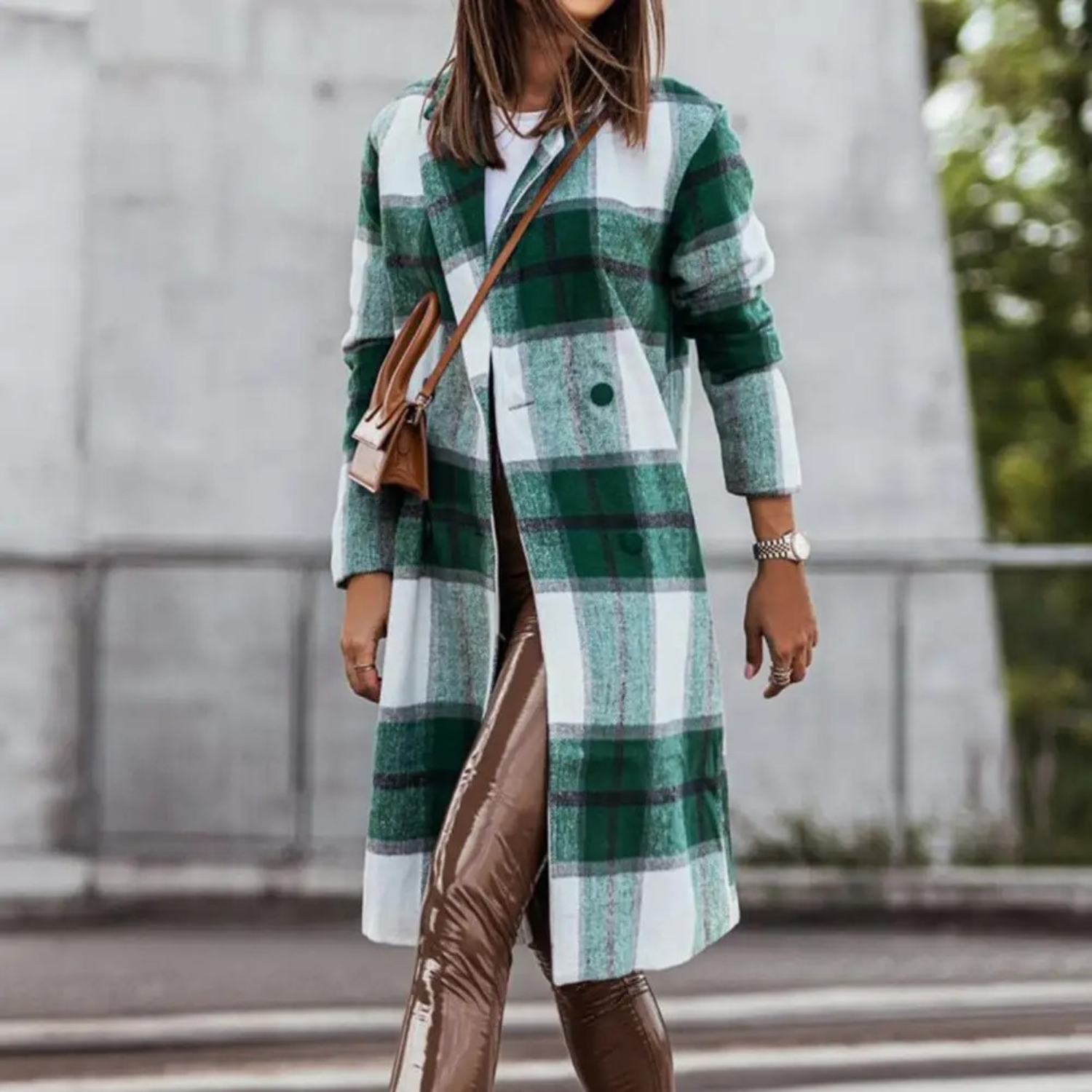 Stylowy Wełniany Płaszcz w Kratę dla Dams - Margot-Zielono-biały-S-Trend Polska