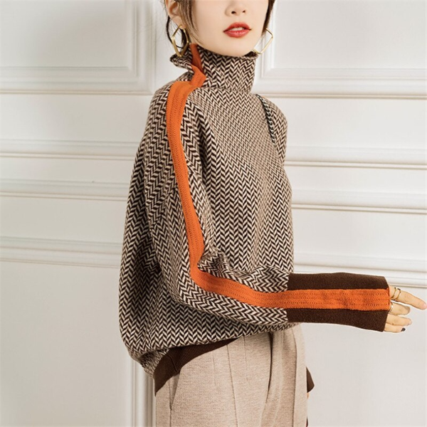 Stylowy Wzorzysty Sweter Damski - Lena-Pomarańczowy-S-Trend Polska