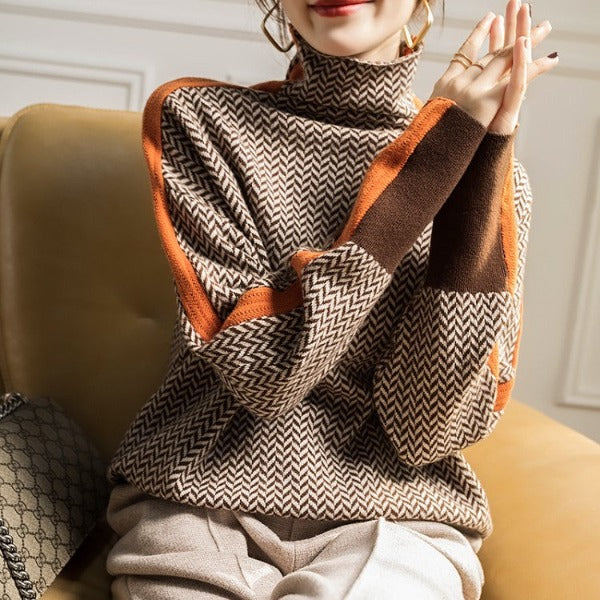 Stylowy Wzorzysty Sweter Damski - Lena-Pomarańczowy-S-Trend Polska