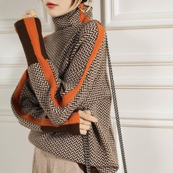 Stylowy Wzorzysty Sweter Damski - Lena-Pomarańczowy-S-Trend Polska