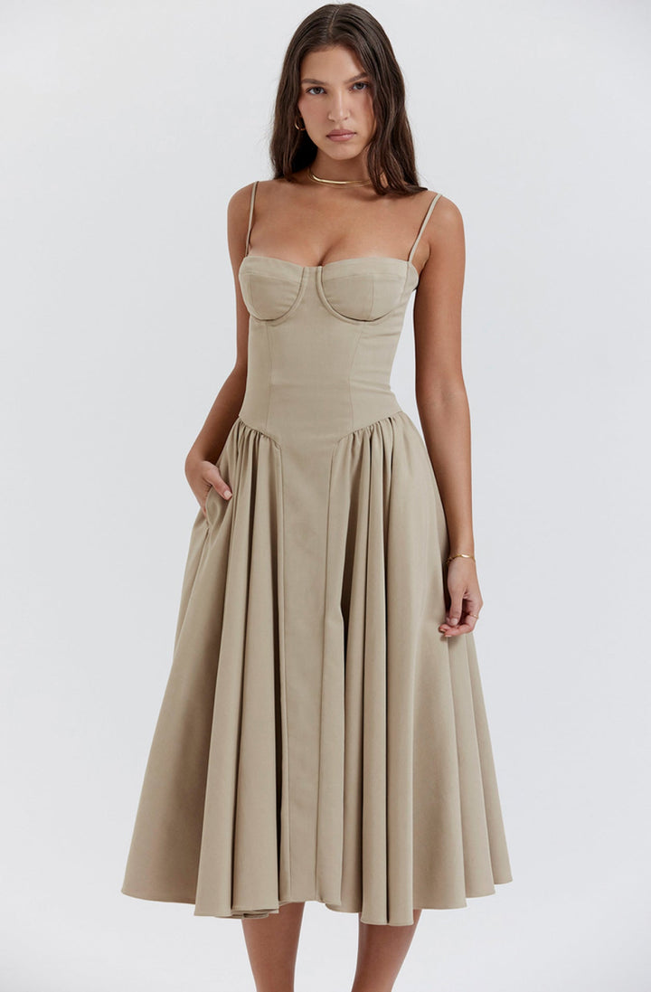 Sukienka letnia z dekoltem sweetheart – Elvira-Taupe-S-Trend Polska
