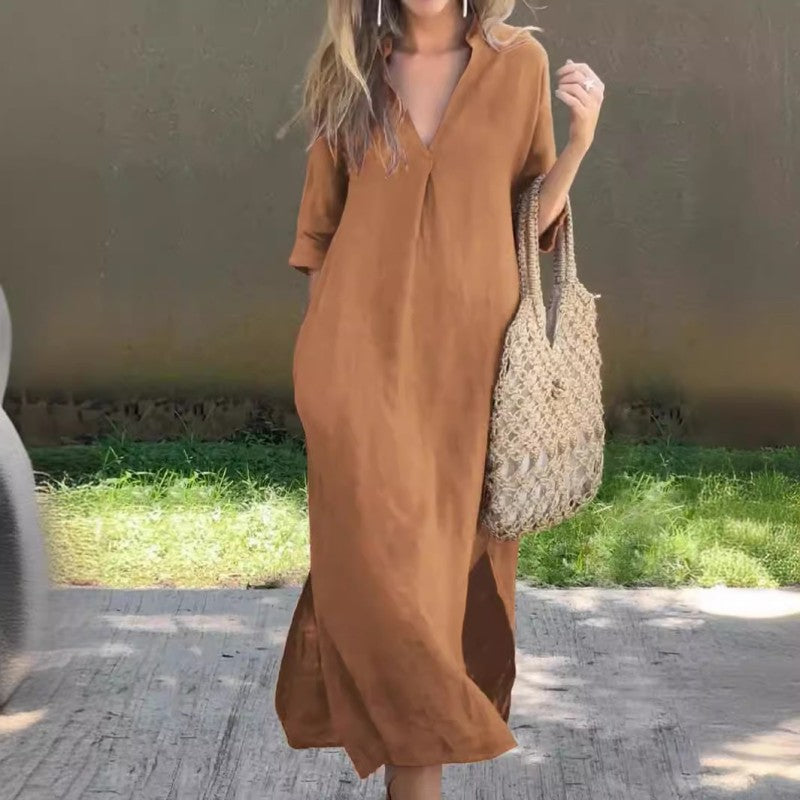 Sukienka letnia z dekoltem w serek i rozcięciem na łydkach – Soraya-Khaki-S-Trend Polska