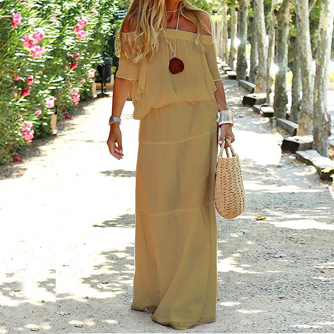 Sukienka letnia z odkrytymi ramionami - Soleil-Khaki-S-Trend Polska
