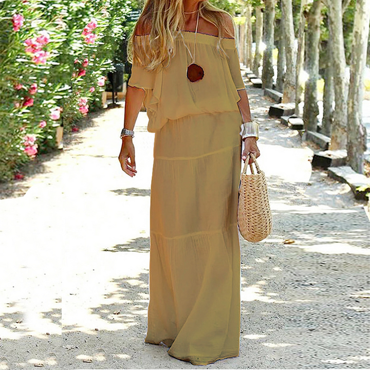 Sukienka letnia z odkrytymi ramionami - Soleil-Khaki-S-Trend Polska