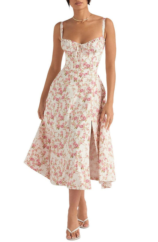 Sukienka maxi w kwiaty z formowaniem talii - Fleur-Kwiat róży-S-Trend Polska