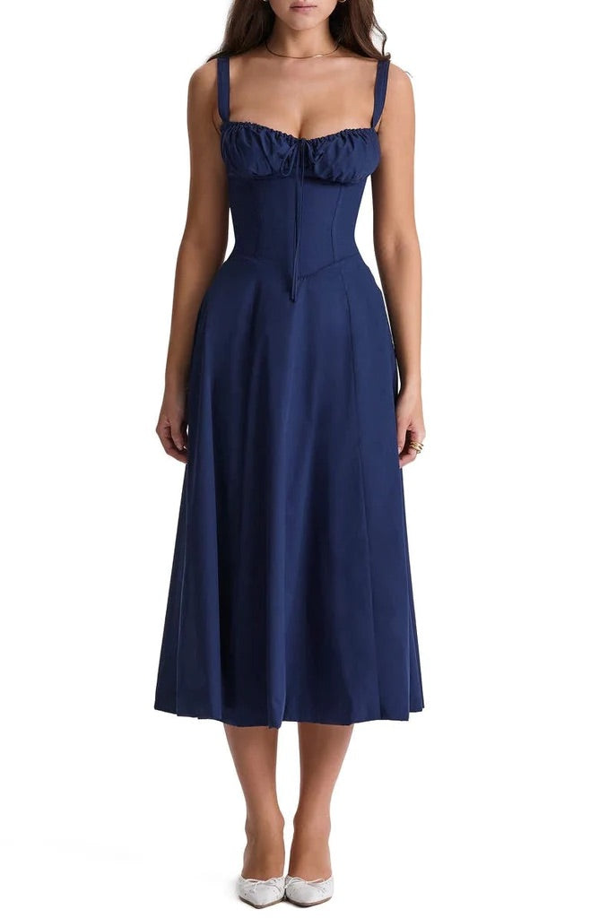 Sukienka maxi w kwiaty z formowaniem talii - Fleur-morski niebieski-S-Trend Polska