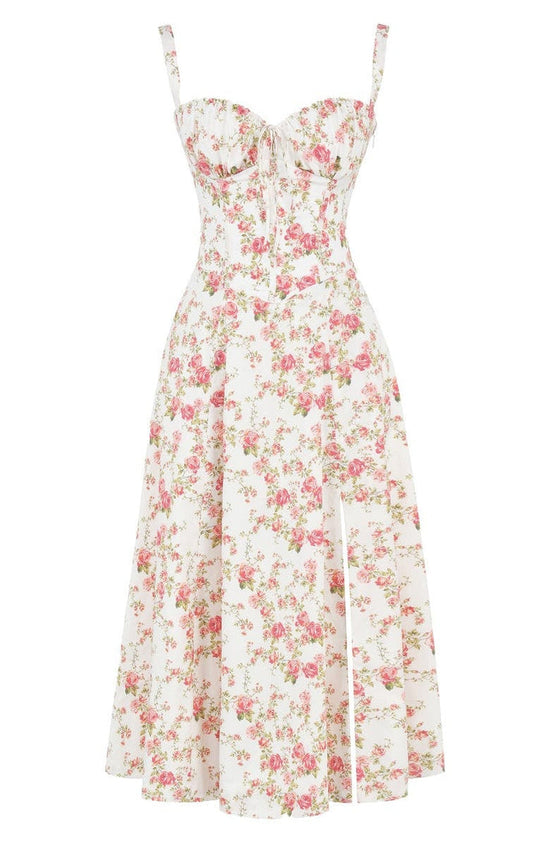 Sukienka maxi w kwiaty z formowaniem talii - Fleur-Kwiat róży-S-Trend Polska