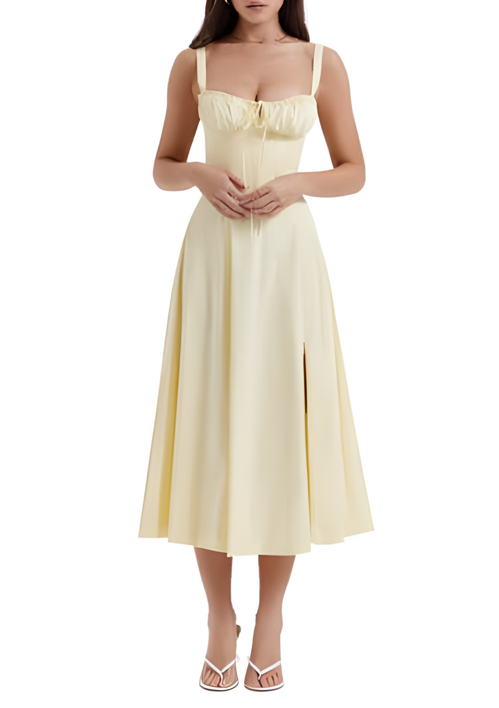 Sukienka maxi w kwiaty z formowaniem talii - Fleur-Żółty-S-Trend Polska