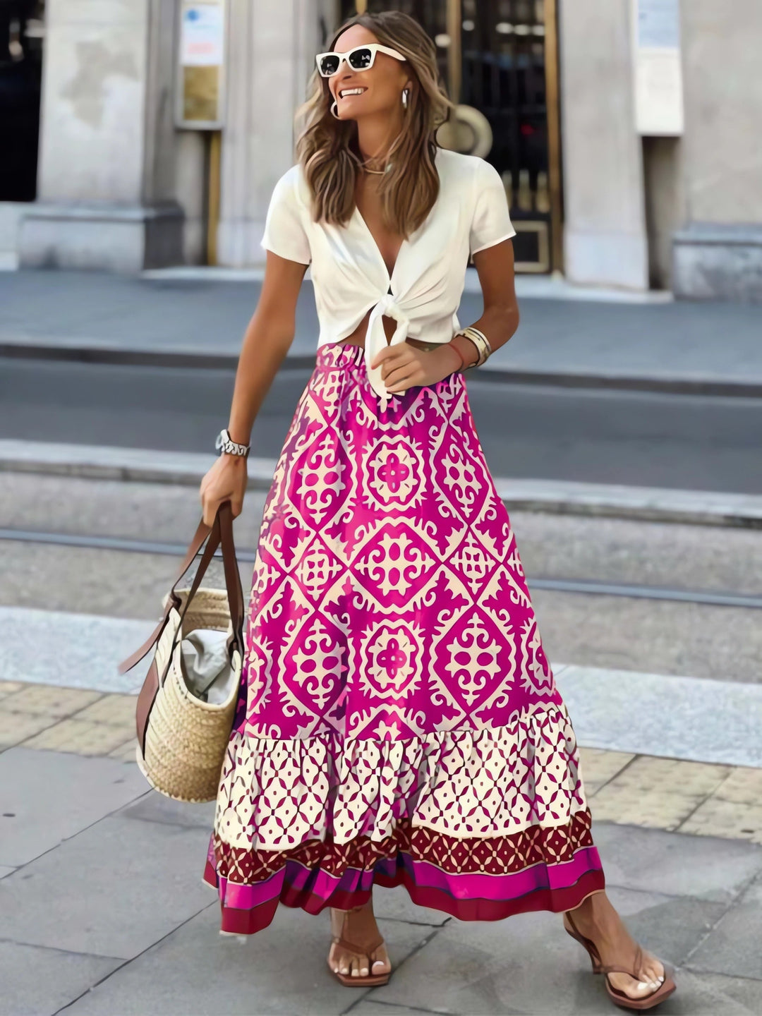 Sukienka maxi w stylu boho z drukowanym wzorem, luźnym krojem i frędzlami – Yalina-Różowy-S-Trend Polska