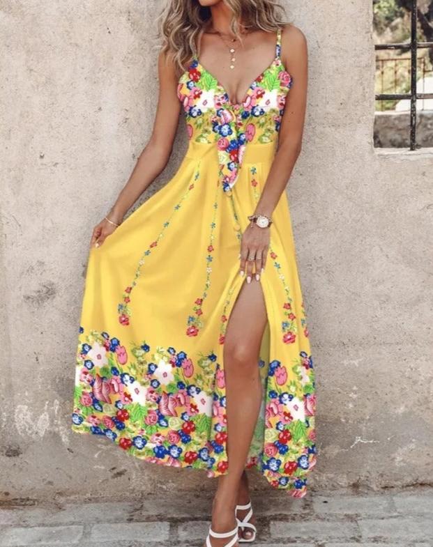 Sukienka maxi w stylu casual z ozdobnym guzikiem – Elvire-Jasnożółty-S-Trend Polska