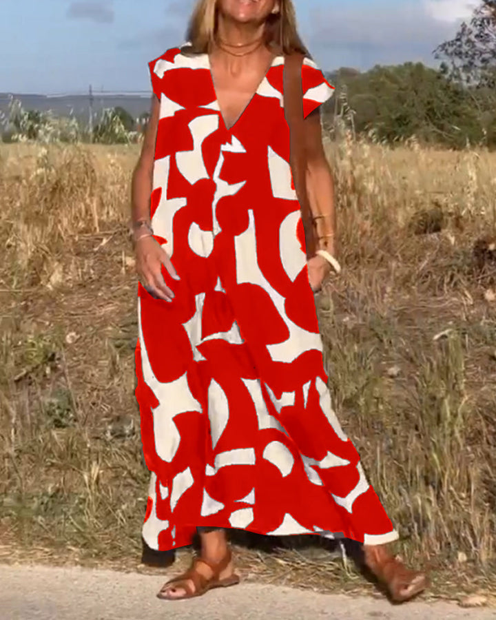 Sukienka maxi z dekoltem V i nadrukiem - Bella-Czerwony-S-Trend Polska