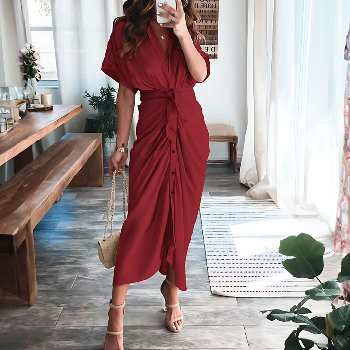 Sukienka maxi z falbanami i dekoltem w kształcie litery V, letni styl, moda damska - Elina-Czerwony-S-Trend Polska