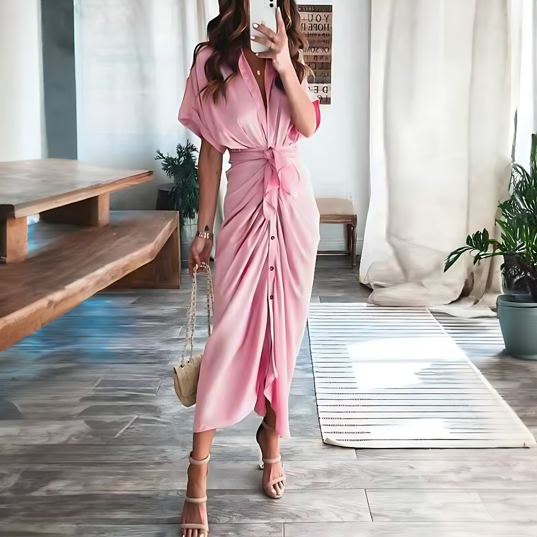 Sukienka maxi z falbanami i dekoltem w kształcie litery V, letni styl, moda damska - Elina-Niebieski-S-Trend Polska