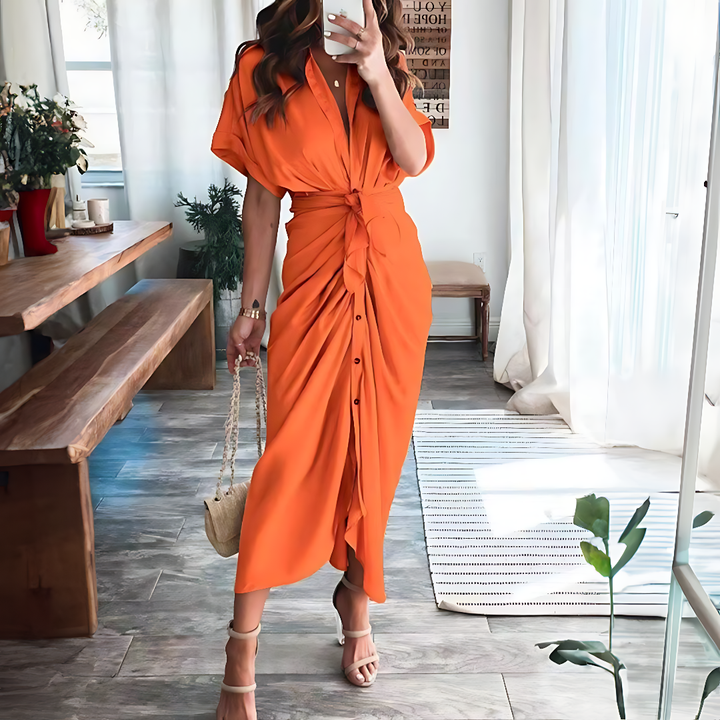 Sukienka maxi z falbanami i dekoltem w kształcie litery V, letni styl, moda damska - Elina-Pomarańczowy-S-Trend Polska