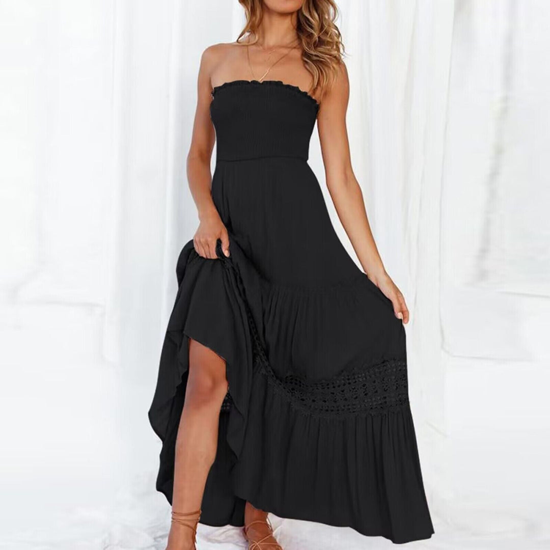 Sukienka maxi z odkrytymi ramionami z koronkowymi detalami – Isaline-Czarny-S-Trend Polska