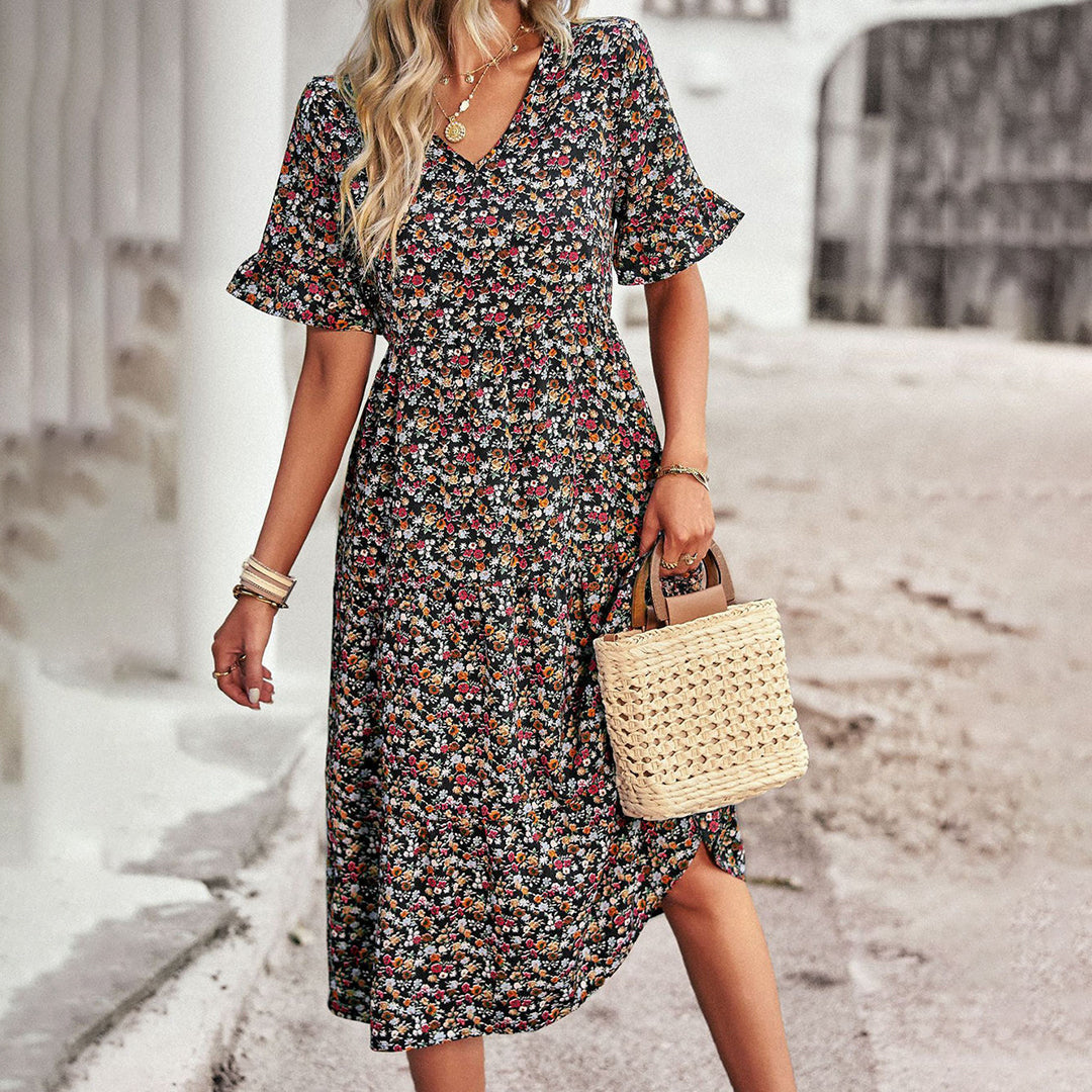 Sukienka midi w kwiaty - Lila-Czarny-S-Trend Polska