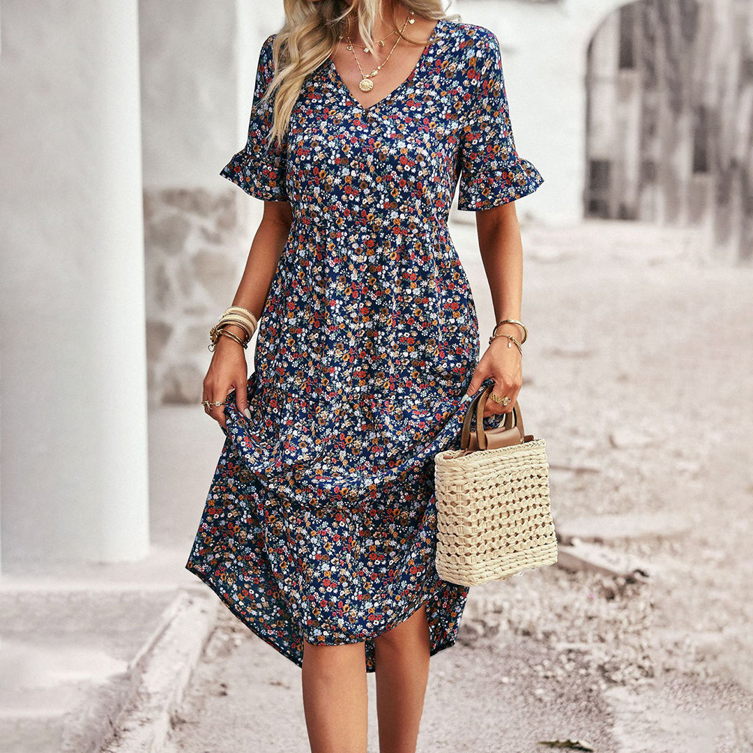 Sukienka midi w kwiaty - Lila-Niebieski-S-Trend Polska