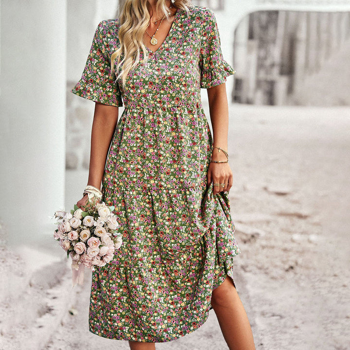 Sukienka midi w kwiaty - Lila-Zielony-S-Trend Polska