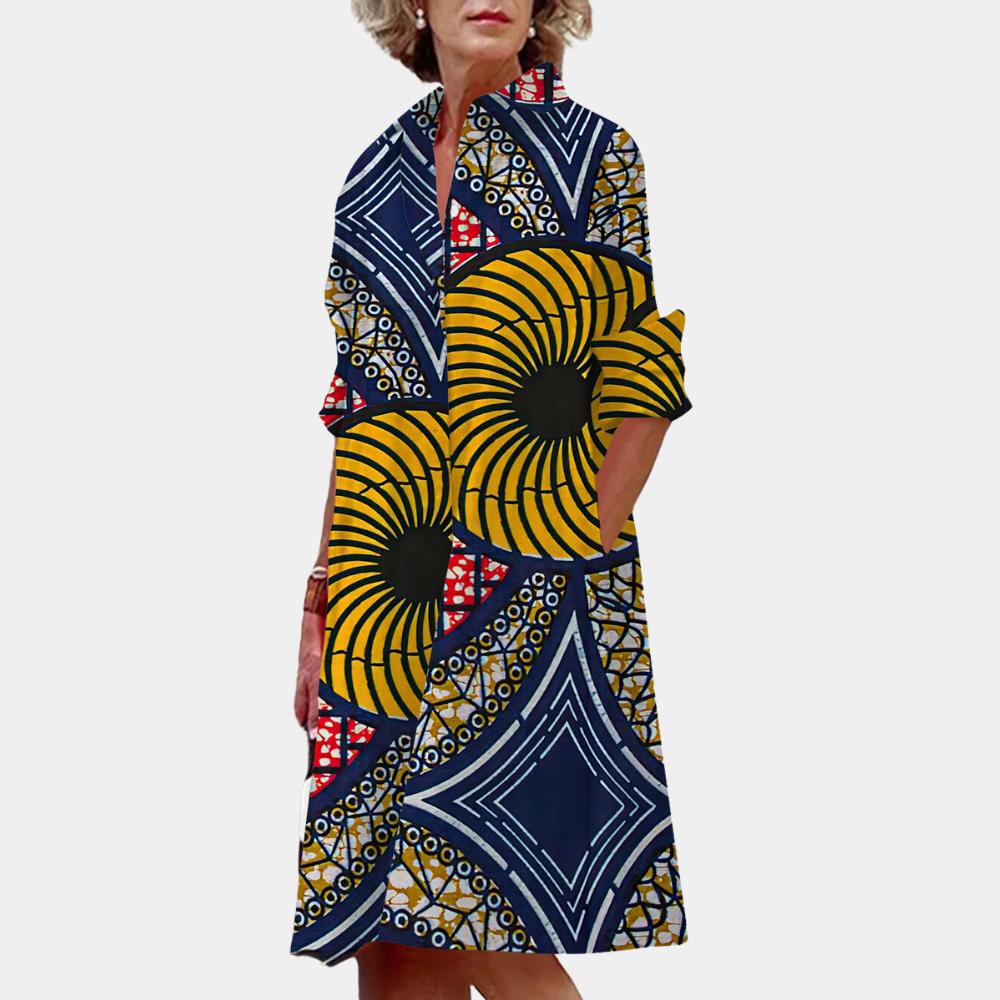 Sukienka midi z nadrukiem i letnią sylwetką – Ysolde-Niebieski-XS-Trend Polska