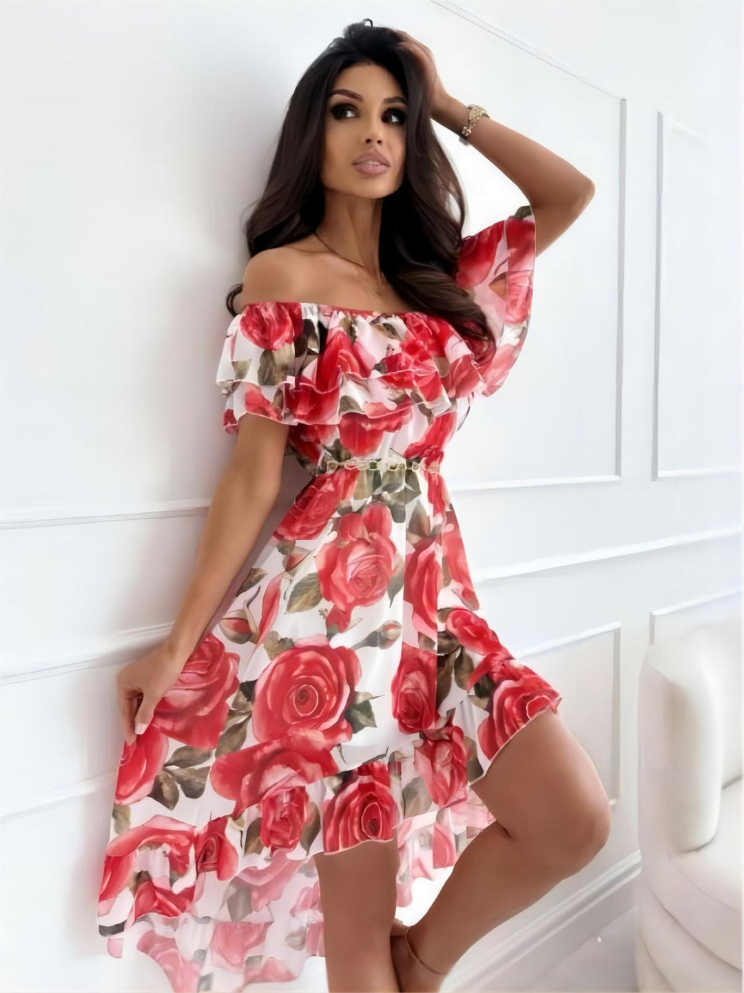 Sukienka mini bez ramiączek z falbanami – Lina-XS-Trend Polska