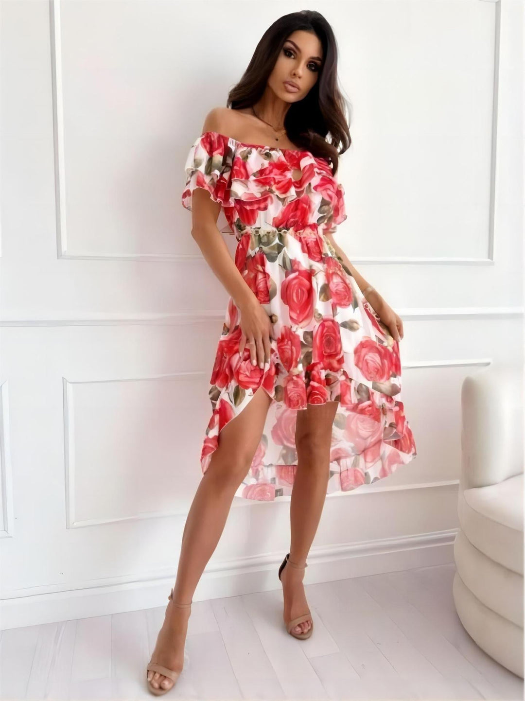 Sukienka mini bez ramiączek z falbanami – Lina-XS-Trend Polska