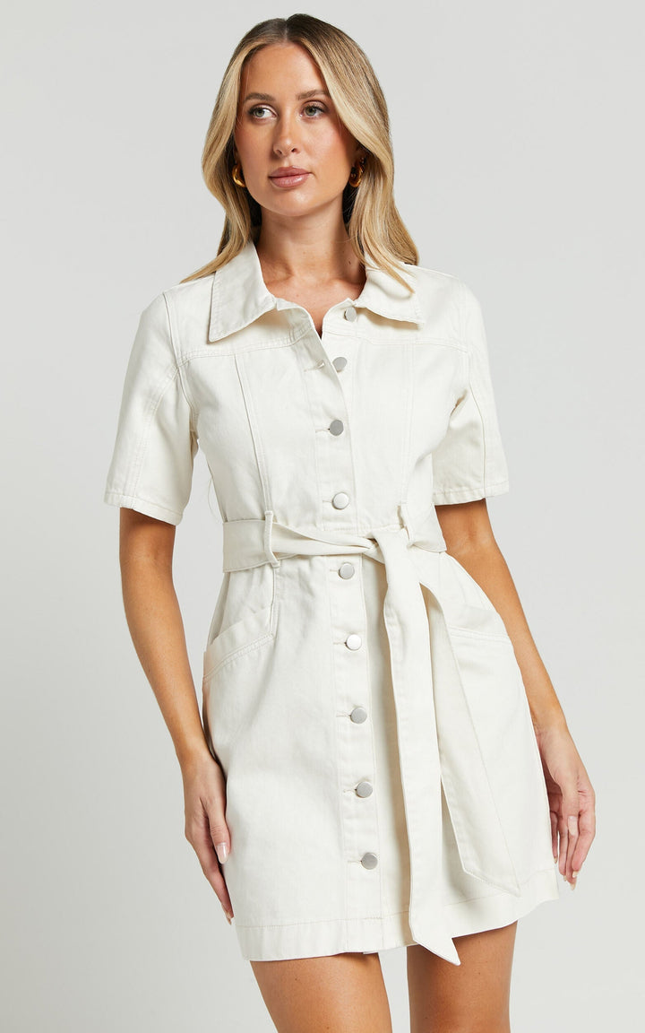 Sukienka mini denim z guzikami - Aria-Ecru-XS-Trend Polska