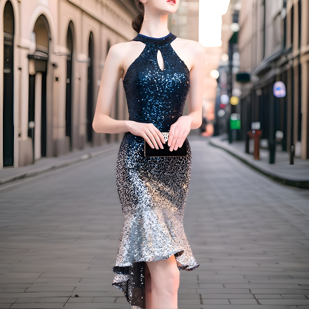 Sukienka Mini z cekinami z komfortową podszewką – Saphira-Ciemnoniebieski-S-Trend Polska