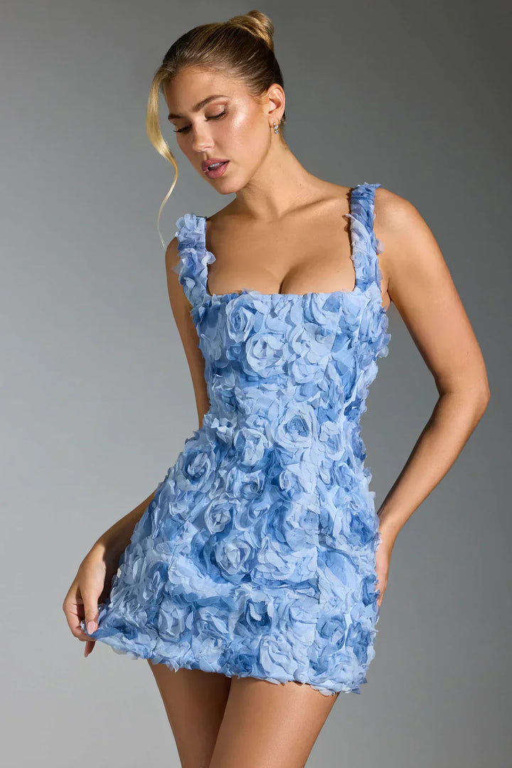 Sukienka mini z koronką w kwiaty - Fleur-Niebieski-XS-Trend Polska