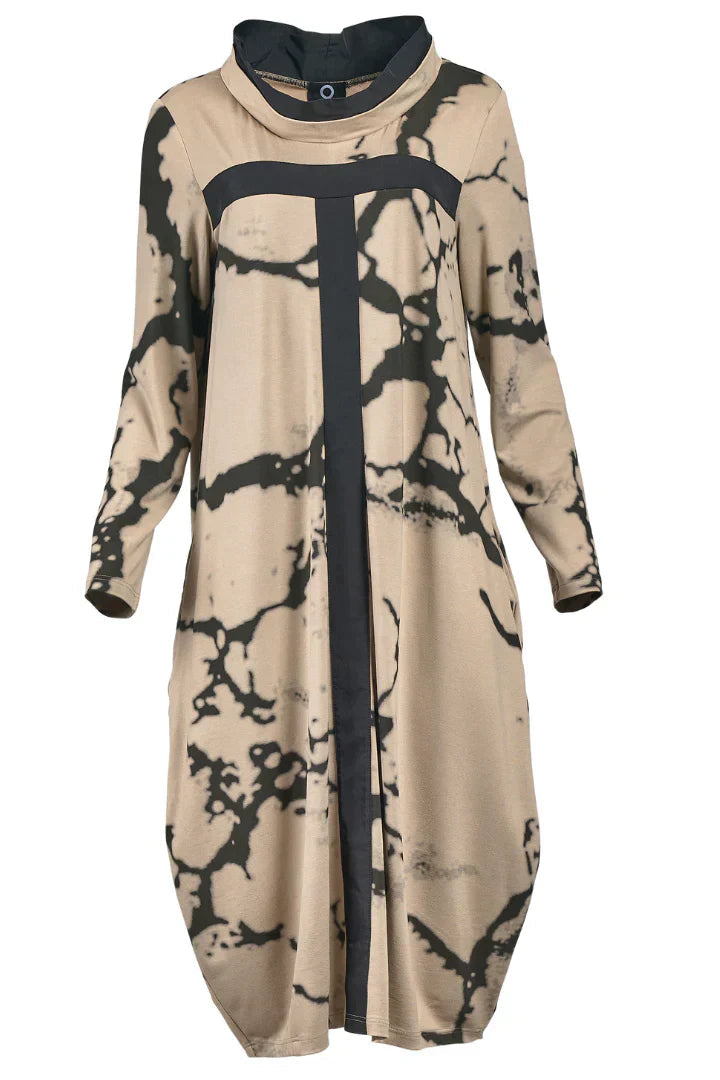 Sukienka z Długim Rękawem i Retro Wzorem – Livienne-Khaki-S-Trend Polska