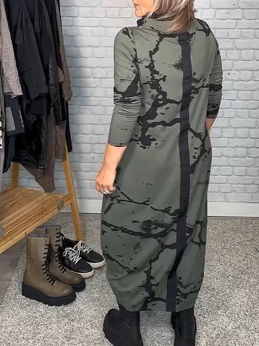 Sukienka z Długim Rękawem i Retro Wzorem – Livienne-Zielony-S-Trend Polska