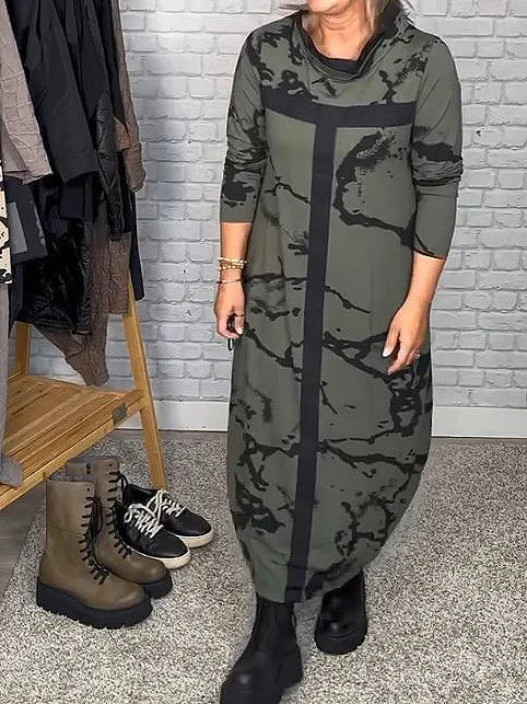 Sukienka z Długim Rękawem i Retro Wzorem – Livienne-Zielony-S-Trend Polska