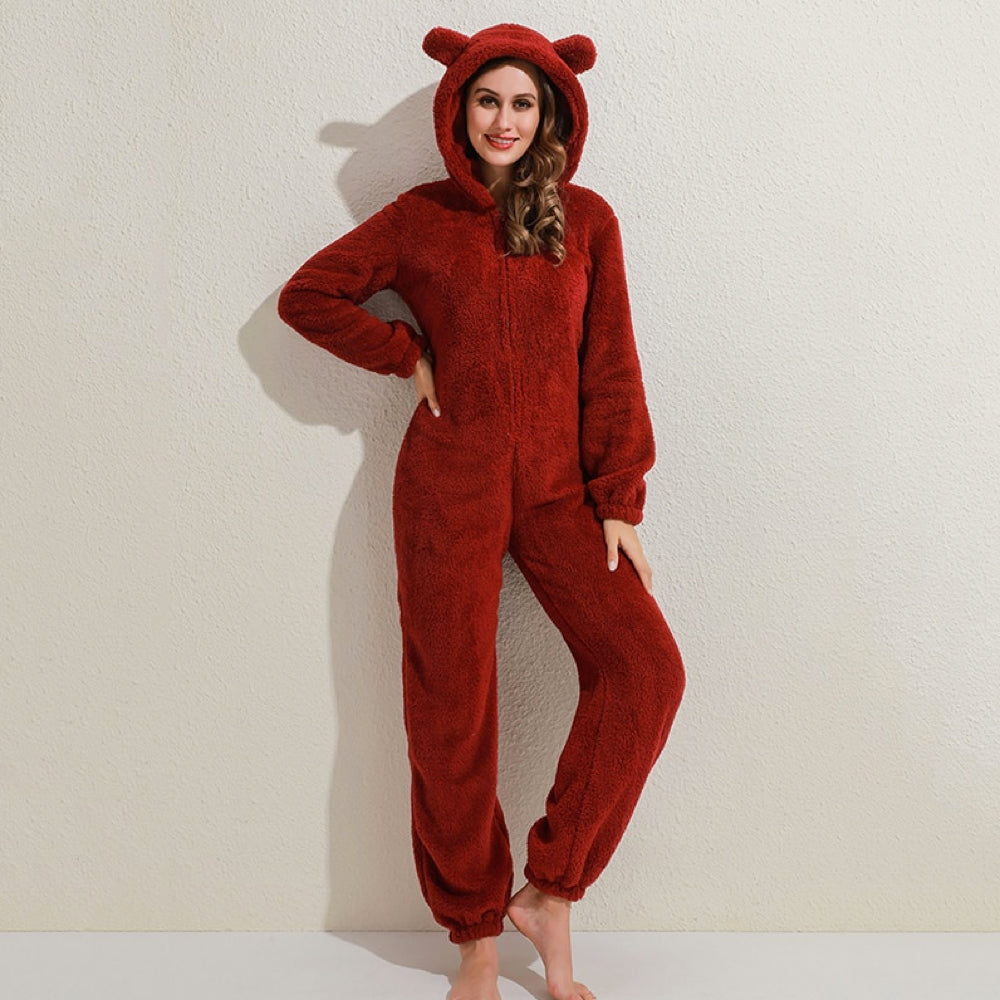 Supermiękka kombinezon polarowy z uszami misia - BearHug-Bordeaux czerwony-S-Trend Polska