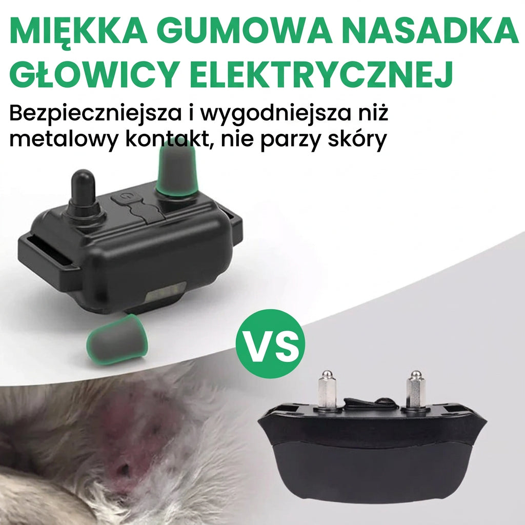 Porównanie odbiornika z miękkimi gumowymi końcówkami elektrod i modelu z metalowymi stykami, obok podrażniona skóra psa 3
