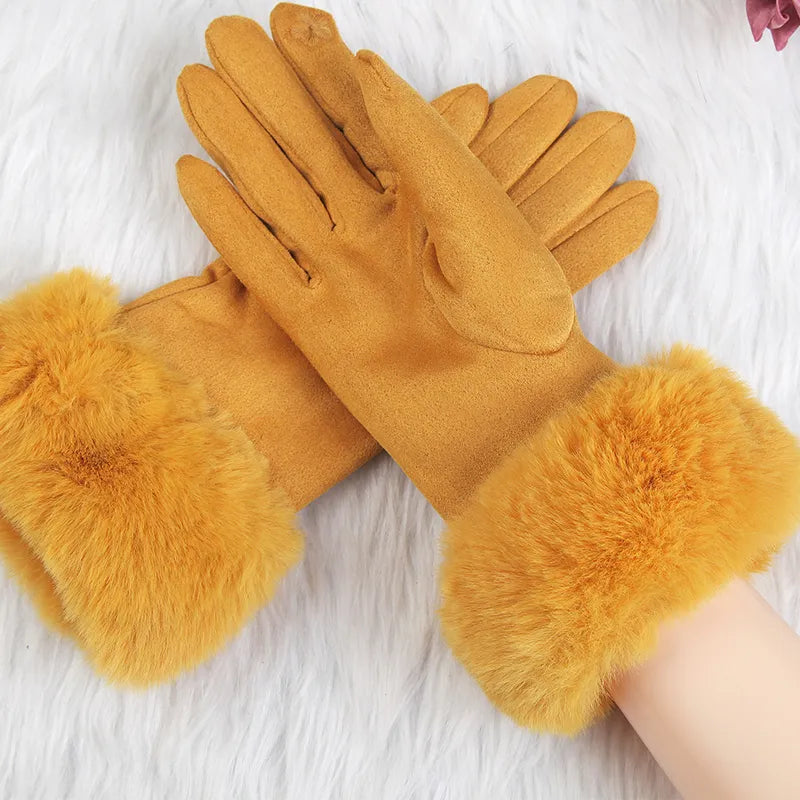 Sweden Rękawice z Sztucznym Futrem - VelvetGlam-Żółty-Trend Polska