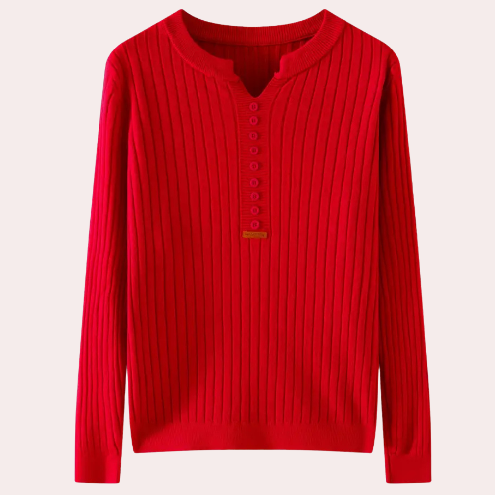 Sweter z dekoltem V i guzikami dla kobiet - Marit-Czerwony-XS-Trend Polska