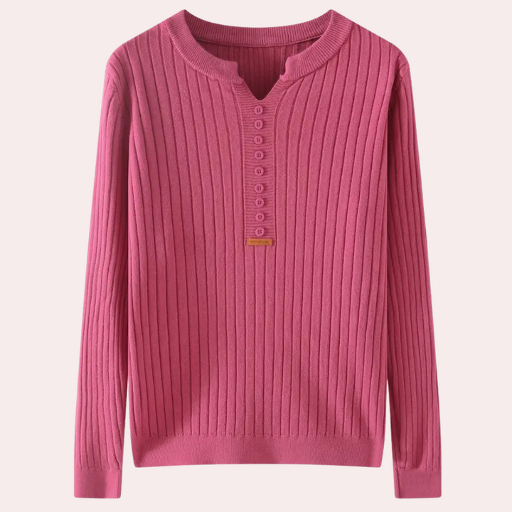 Sweter z dekoltem V i guzikami dla kobiet - Marit-Różowy-XS-Trend Polska