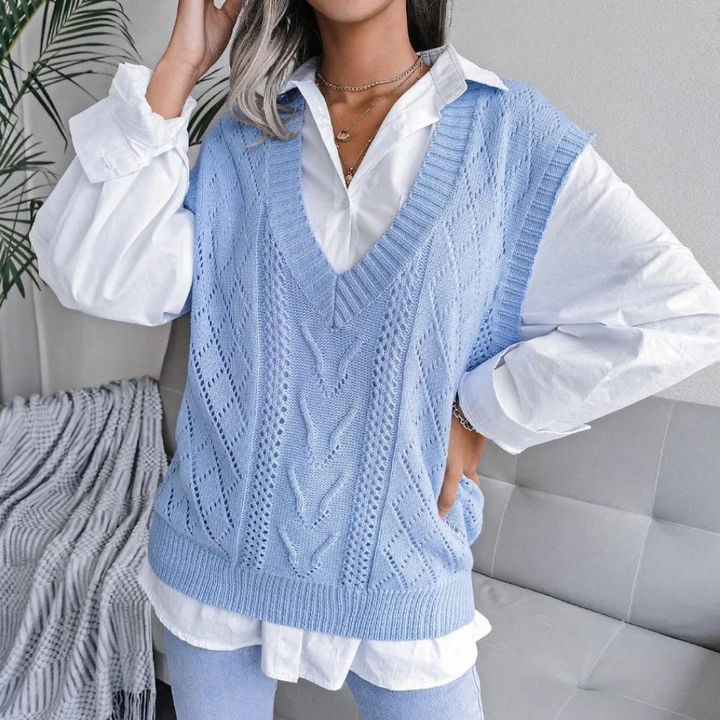 Sweter z dekoltem w kształcie litery V dla kobiet - Isabelle-Niebieski-XS-Trend Polska