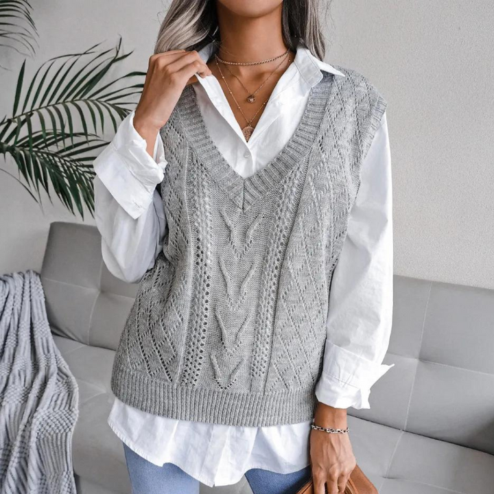 Sweter z dekoltem w kształcie litery V dla kobiet - Isabelle-Szary-XS-Trend Polska