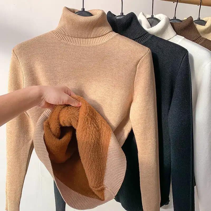 Sweter z golfem z dzianiny polarowej zimowej – Evelyne-Beżowy-S-Trend Polska