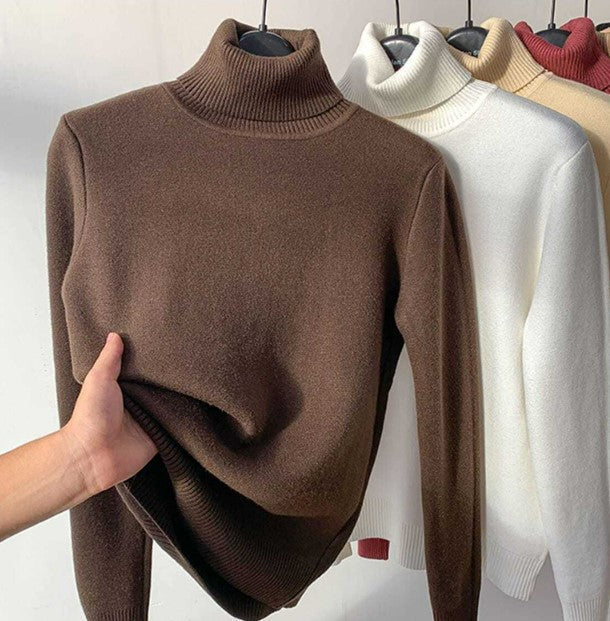 Sweter z golfem z dzianiny polarowej zimowej – Evelyne-Brązowy-S-Trend Polska