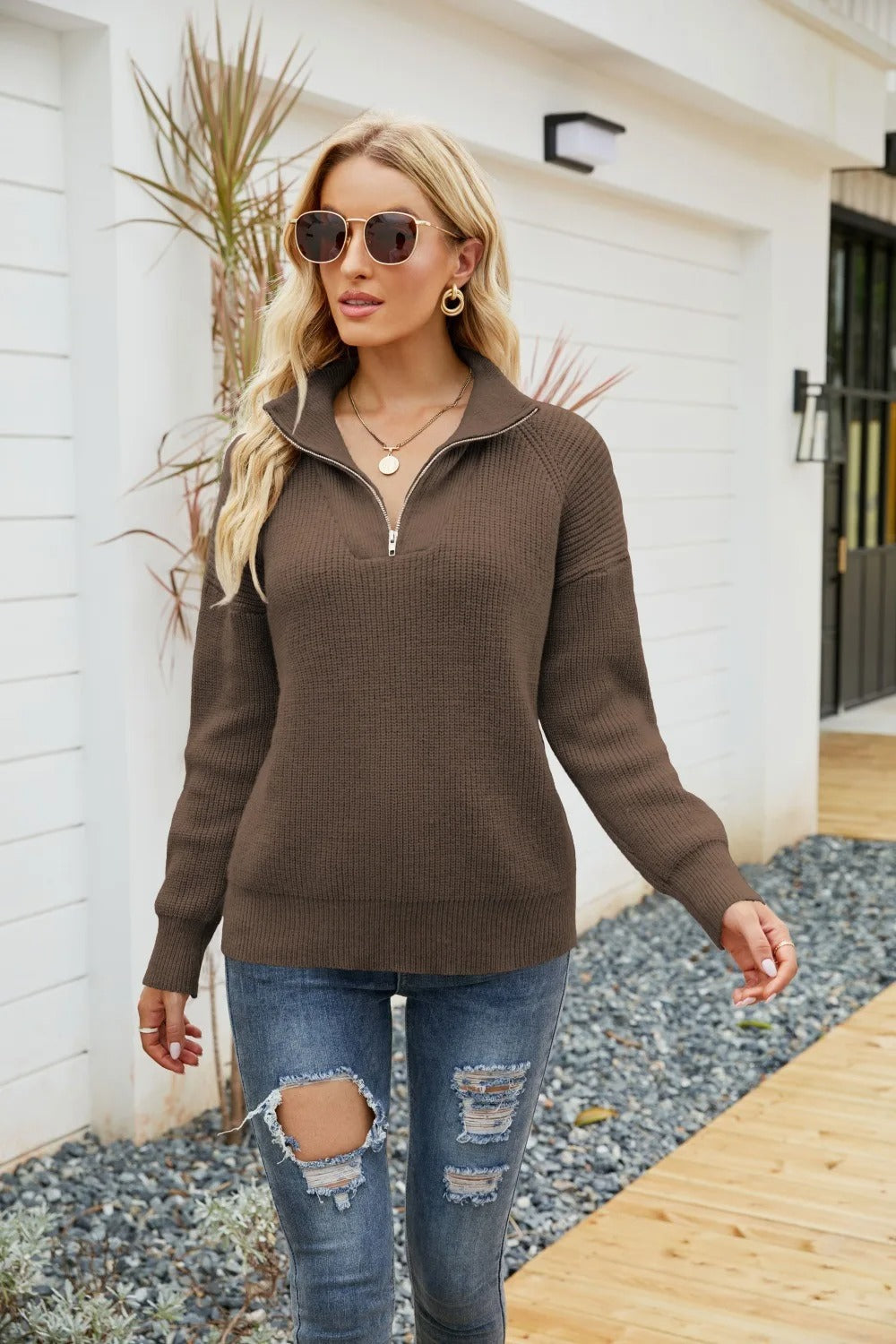 Sweter z pół zamkiem dzianinowy - Sienna-Camel-S-Trend Polska
