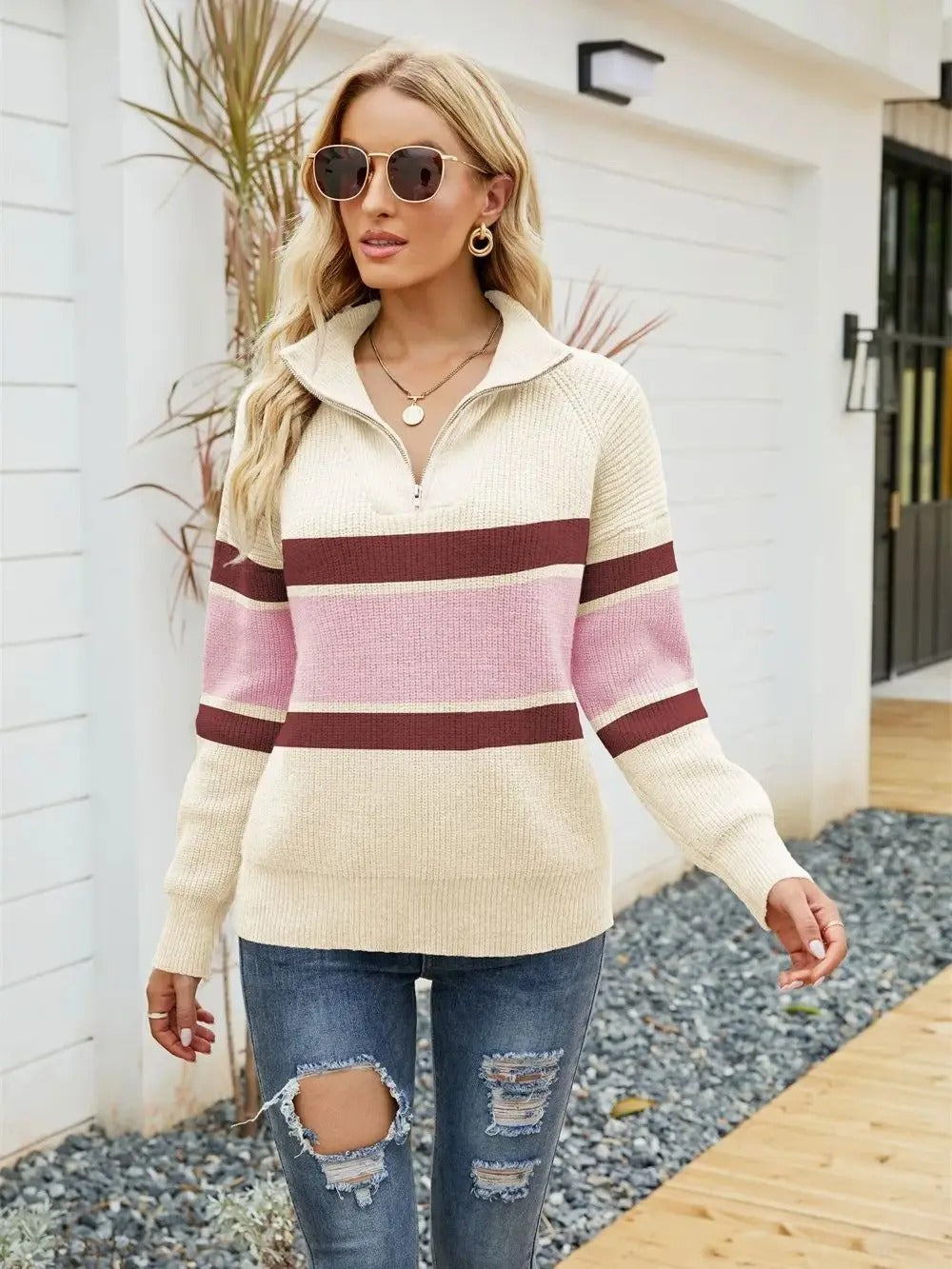 Sweter z pół zamkiem dzianinowy - Sienna-Crèmewit-S-Trend Polska