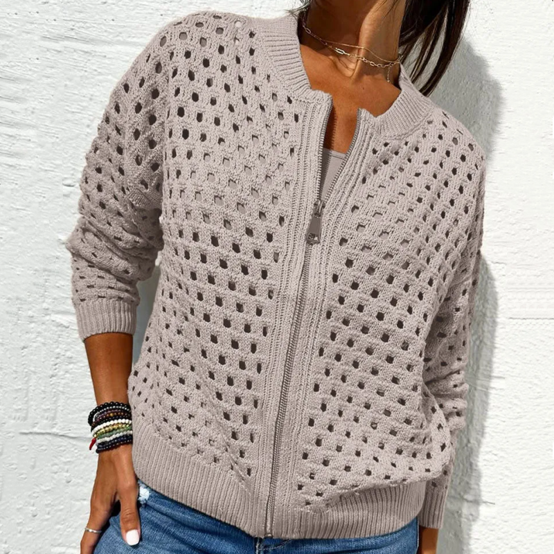 Sweter z zamkiem błyskawicznym i przewiewną strukturą – Fenja-Khaki-S-Trend Polska