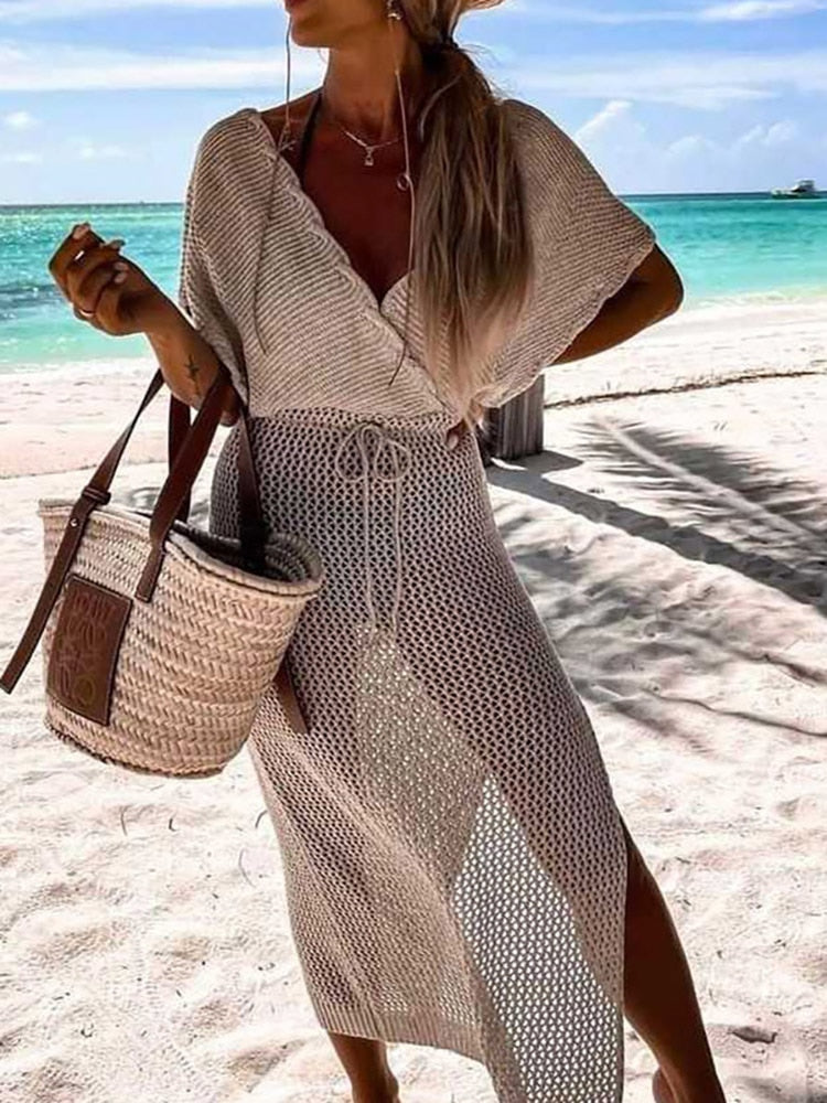 Szydełkowa sukienka plażowa z paskiem w talii – Yara-Beżowy-S-Trend Polska