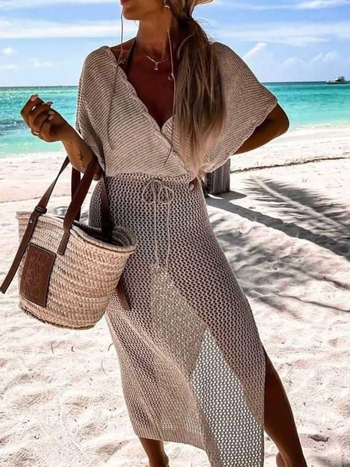 Szydełkowa sukienka plażowa z paskiem w talii – Yara-Beżowy-S-Trend Polska