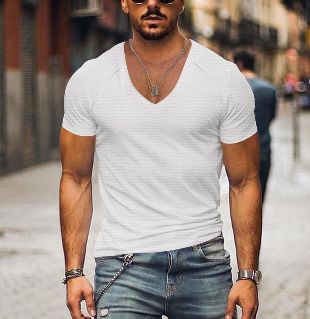 T-shirt męski z dekoltem w serek – Timo-Biały-XS-Trend Polska
