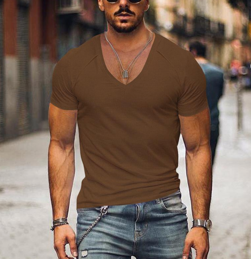 T-shirt męski z dekoltem w serek – Timo-Braun-XS-Trend Polska