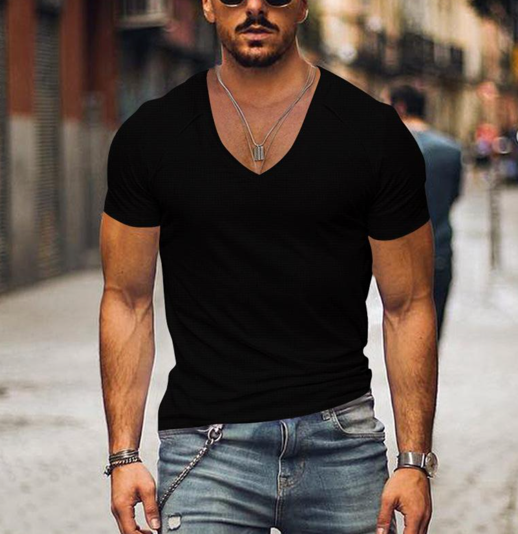 T-shirt męski z dekoltem w serek – Timo-Czarny-XS-Trend Polska