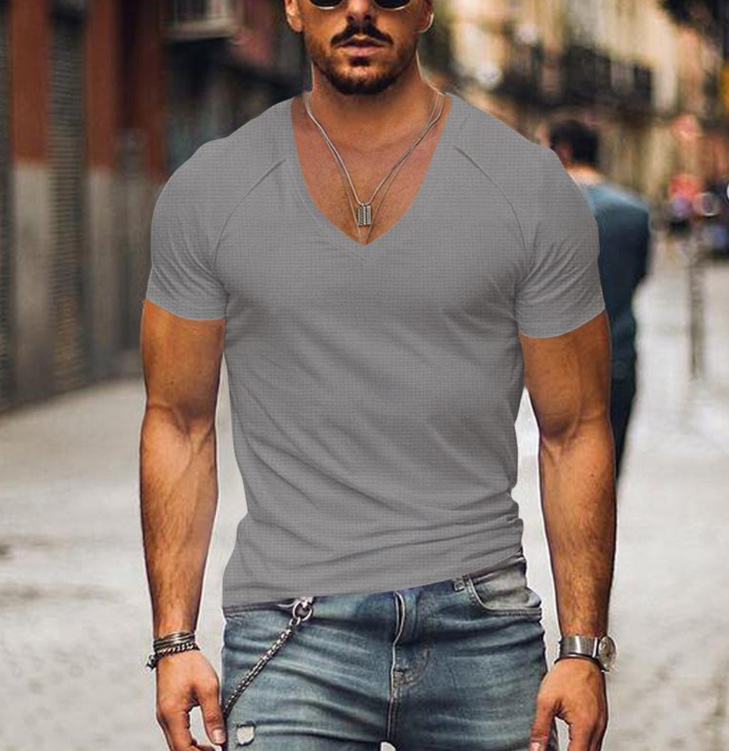 T-shirt męski z dekoltem w serek – Timo-Szary-XS-Trend Polska