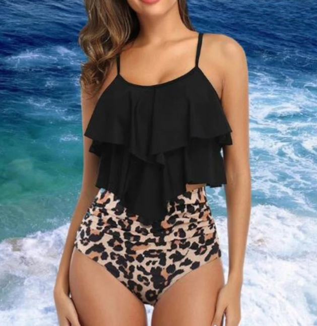Tankini z marszczeniami i wysokim stanem – Neriah-Czarny lampart-S-Trend Polska
